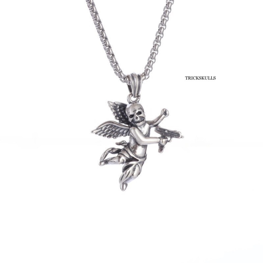 Uzi Skull Cupid Winged Love War Angel Cherub Streetwear Pendant & 60cm Chain